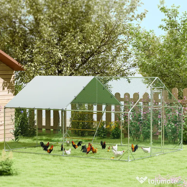 PawHut Coteț pentru Găini cu Acoperiș Impermeabil și Rezistent la UV, Hrănitor și Usă, 300x400x195 cm, Argintiu | Aosom Romania