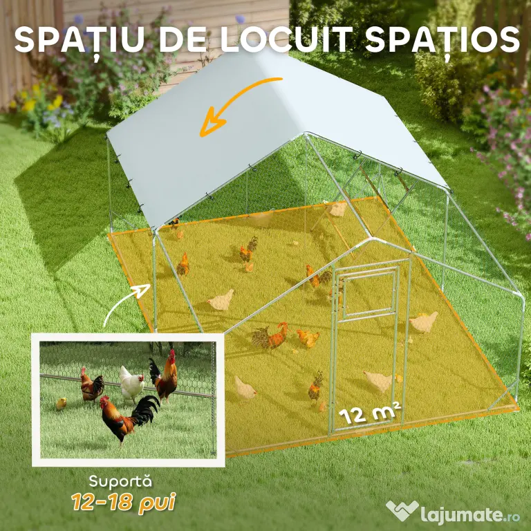 PawHut Coteț pentru Găini cu Acoperiș Impermeabil și Rezistent la UV, Hrănitor și Usă, 300x400x195 cm, Argintiu | Aosom Romania