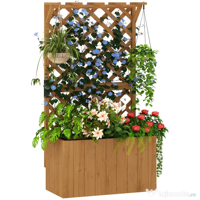 Outsunny Pat de Grădină Ridicat din Lemn cu Spalier și Pergolă 64x33x122 cm | Aosom Romania