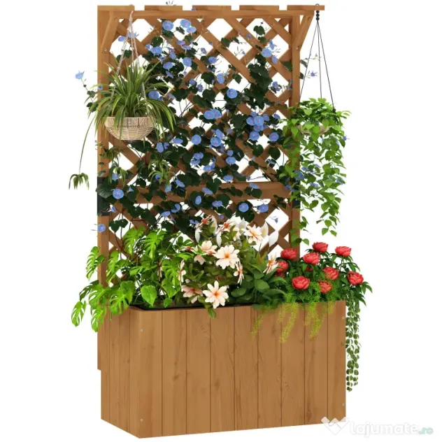 Outsunny Pat de Grădină Ridicat din Lemn cu Spalier și Pergolă 64x33x122 cm | Aosom Romania