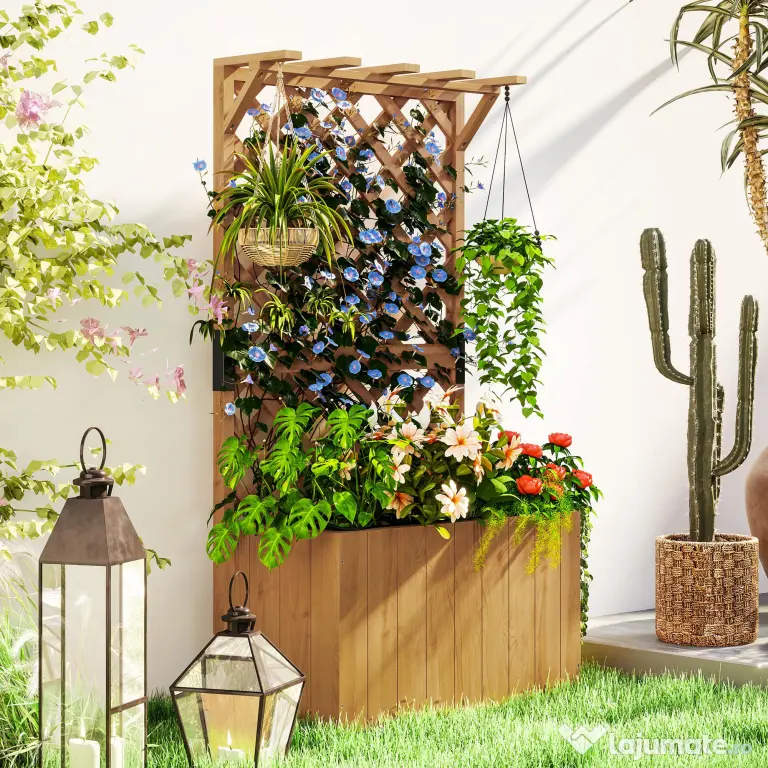 Outsunny Pat de Grădină Ridicat din Lemn cu Spalier și Pergolă 64x33x122 cm | Aosom Romania