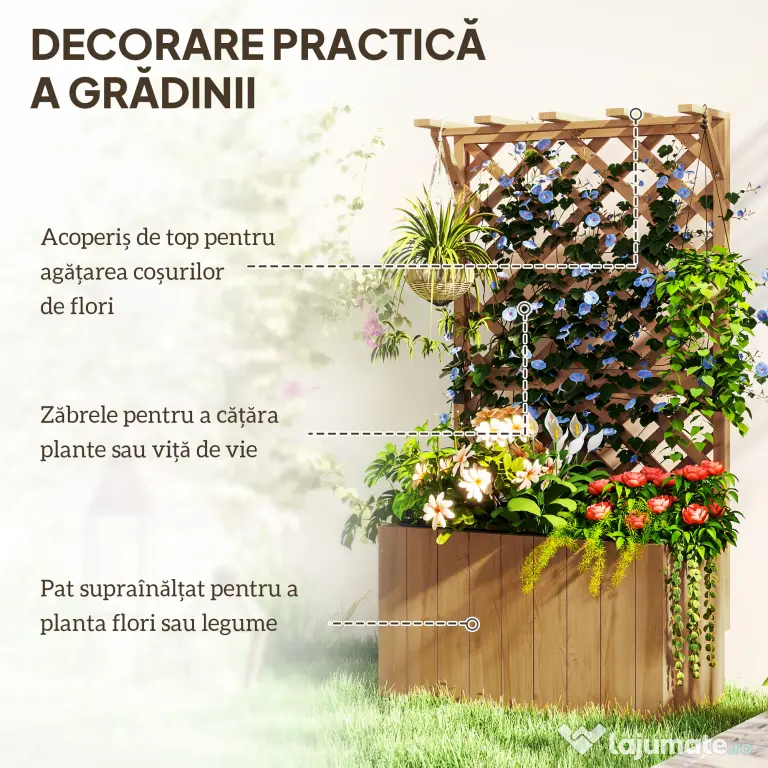 Outsunny Pat de Grădină Ridicat din Lemn cu Spalier și Pergolă 64x33x122 cm | Aosom Romania