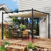 Outsunny Pergolă Pavilion cu Acoperiș Retractabil Rezistent la Apă, Culoare, 298x298x230 cm, Alb Crem | Aosom Romania 