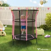 HOMCOM Trambulină Elastică pentru Copii 3-10 Ani cu Intrare cu Fermoar și Bare Căptușite, Ø163,5x190 cm, Roz | Aosom Romania 