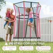 HOMCOM Trambulină Elastică pentru Copii 3-10 Ani cu Intrare cu Fermoar și Bare Căptușite, Ø163,5x190 cm, Roz | Aosom Romania 
