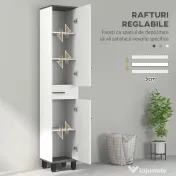 HOMCOM Coloană de Baie Modernă cu Sertar, 2 Dulapuri, 2 Uși și Rafturi Reglabile, Mobilier de Baie, 34x34x190 cm, Alb | Aosom Romania 