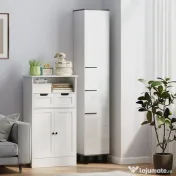 HOMCOM Coloană de Baie Modernă cu Sertar, 2 Dulapuri, 2 Uși și Rafturi Reglabile, Mobilier de Baie, 34x34x190 cm, Alb | Aosom Romania 