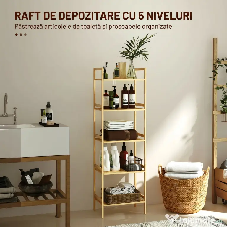 HOMCOM Raft de Depozitare pentru Baie cu 5 Niveluri, 43,5x31,5x142 cm, Lemn Natural | Aosom Romania