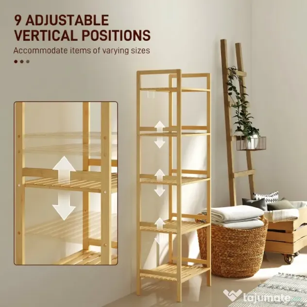 HOMCOM Raft de Depozitare pentru Baie cu 5 Niveluri, 43,5x31,5x142 cm, Lemn Natural | Aosom Romania