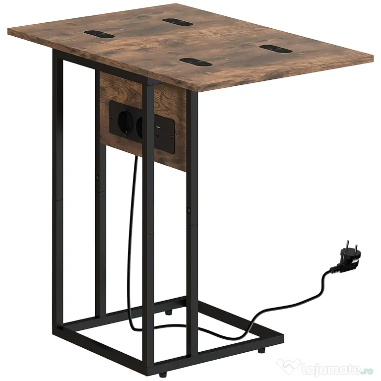 HOMCOM Măsuță de cafea în formă de C, extensibilă, cu 2 stații de încărcare, lemn și metal, 39x29x57 cm, negru și maro | Aosom Romania