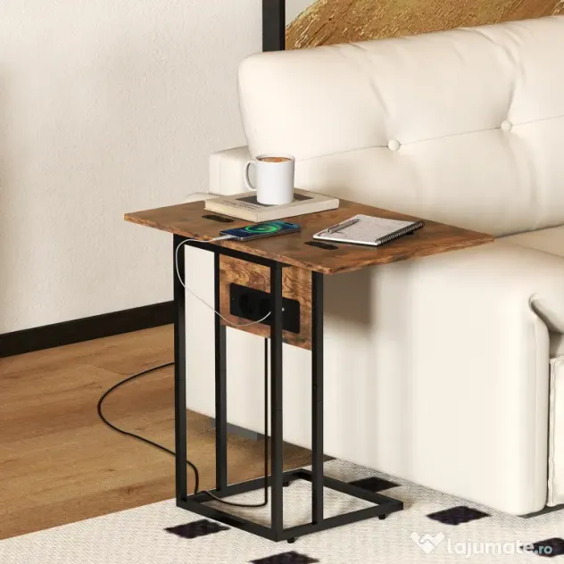 HOMCOM Măsuță de cafea în formă de C, extensibilă, cu 2 stații de încărcare, lemn și metal, 39x29x57 cm, negru și maro | Aosom Romania