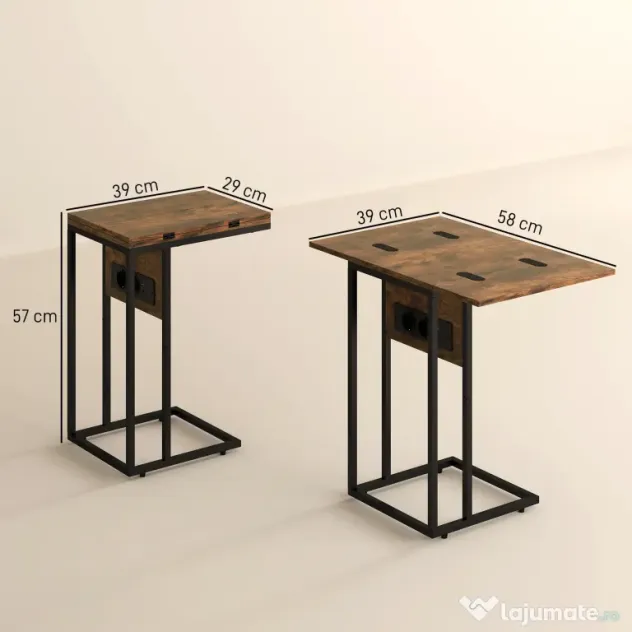 HOMCOM Măsuță de cafea în formă de C, extensibilă, cu 2 stații de încărcare, lemn și metal, 39x29x57 cm, negru și maro | Aosom Romania