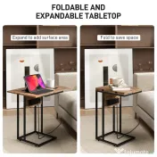 HOMCOM Măsuță de cafea în formă de C, extensibilă, cu 2 stații de încărcare, lemn și metal, 39x29x57 cm, negru și maro | Aosom Romania