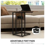 HOMCOM Măsuță de cafea în formă de C, extensibilă, cu 2 stații de încărcare, lemn și metal, 39x29x57 cm, negru și maro | Aosom Romania