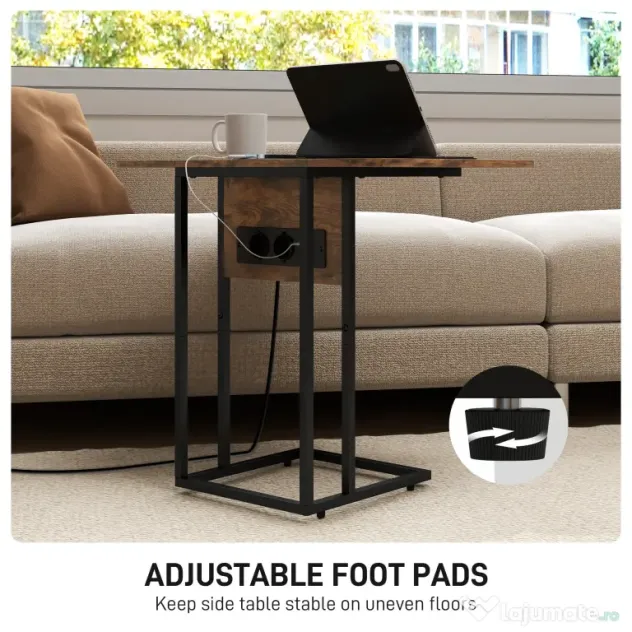 HOMCOM Măsuță de cafea în formă de C, extensibilă, cu 2 stații de încărcare, lemn și metal, 39x29x57 cm, negru și maro | Aosom Romania