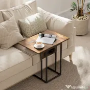 HOMCOM Măsuță de cafea în formă de C, extensibilă, cu 2 stații de încărcare, lemn și metal, 39x29x57 cm, negru și maro | Aosom Romania