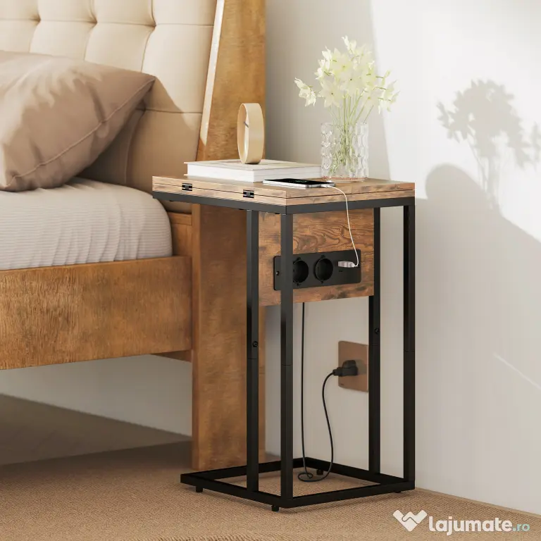 HOMCOM Măsuță de cafea în formă de C, extensibilă, cu 2 stații de încărcare, lemn și metal, 39x29x57 cm, negru și maro | Aosom Romania