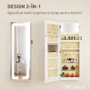 HOMCOM Dulap pentru bijuterii de perete sau pentru ușă, cu oglindă interioară și LED, cu încuietoare și cheie, buzunar cu fermoar, alb | Aosom Romania 