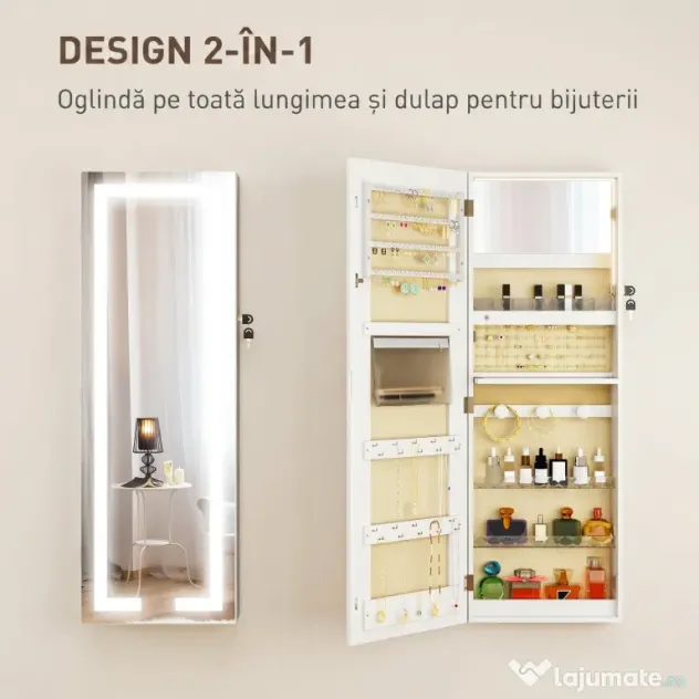 HOMCOM Dulap pentru bijuterii de perete sau pentru ușă, cu oglindă interioară și LED, cu încuietoare și cheie, buzunar cu fermoar, alb