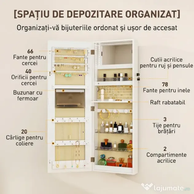 HOMCOM Dulap pentru bijuterii de perete sau pentru ușă, cu oglindă interioară și LED, cu încuietoare și cheie, buzunar cu fermoar, alb