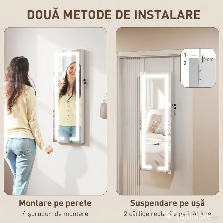 HOMCOM Dulap pentru bijuterii de perete sau pentru ușă, cu oglindă interioară și LED, cu încuietoare și cheie, buzunar cu fermoar, alb