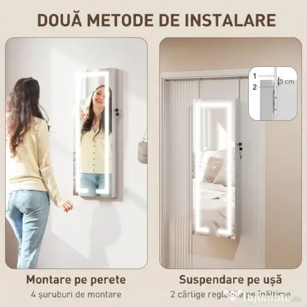 HOMCOM Dulap pentru bijuterii de perete sau pentru ușă, cu oglindă interioară și LED, cu încuietoare și cheie, buzunar cu fermoar, alb