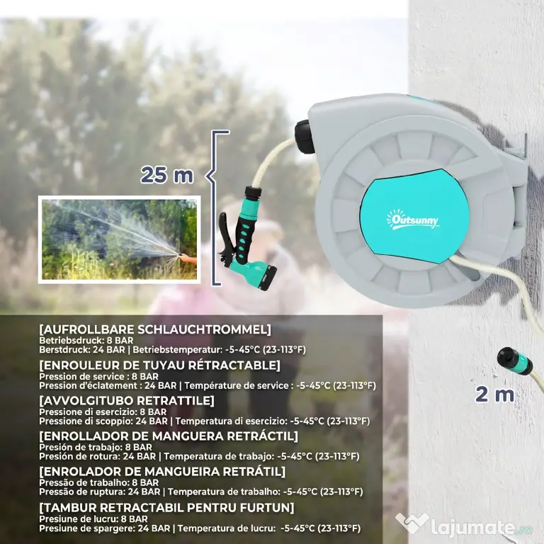 Outsunny Tambur Automat de Furtun, Montabil pe Perete și Portabil, Lungime 25+2 m, Sistem de Blocare și 7 Jeturi, Gri