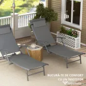 Outsunny Set de 2 Șezlonguri Pliante, Ajustabile în 4 Poziții cu Cotiere și Perne, 64x154x87 cm, Gri | Aosom Romania 