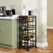 HOMCOM Cărucior de Bucătărie cu 4 Coșuri Detașabile, Roți și Frâne, Oțel și Lemn, 49.5x31x91 cm, Stejar | Aosom Romania 