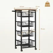 HOMCOM Cărucior de Bucătărie cu 4 Coșuri Detașabile, Roți și Frâne, Oțel și Lemn, 49.5x31x91 cm, Stejar | Aosom Romania 