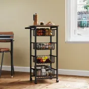 HOMCOM Cărucior de Bucătărie cu 4 Coșuri Detașabile, Roți și Frâne, Oțel și Lemn, 49.5x31x91 cm, Stejar | Aosom Romania 
