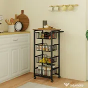 HOMCOM Cărucior de Bucătărie cu 4 Coșuri Detașabile, Roți și Frâne, Oțel și Lemn, 49.5x31x91 cm, Stejar | Aosom Romania 