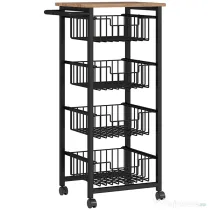 HOMCOM Cărucior de Bucătărie cu 4 Coșuri Detasabile, Roți și Frâne, Oțel și Lemn, 49.5x31x91 cm, Stejar