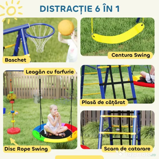 AIYAPLAY Set Leagăn de Grădină 6 în 1 pentru Copii 3-8 Ani, 350x183x200 cm, Multicolor