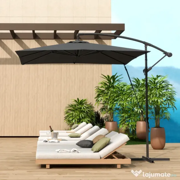 Outsunny Umbrelă de Grădină Suspendată 2.47x2.47 m, Umbrelă de Exterior cu Bază în Cruce, Corzi Antivânt, Gri Închis | Aosom Romania