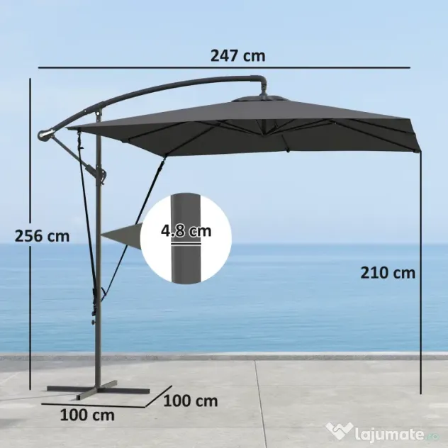 Outsunny Umbrelă de Grădină Suspendată 2.47x2.47 m, Umbrelă de Exterior cu Bază în Cruce, Corzi Antivânt, Gri Închis | Aosom Romania