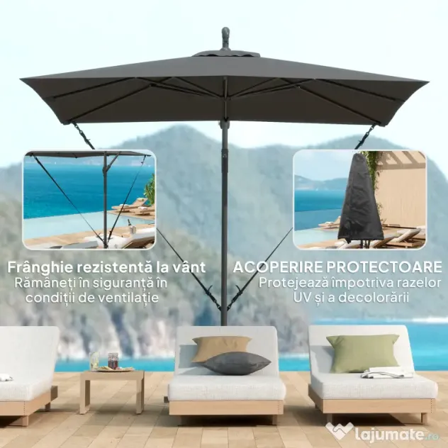 Outsunny Umbrelă de Grădină Suspendată 2.47x2.47 m, Umbrelă de Exterior cu Bază în Cruce, Corzi Antivânt, Gri Închis | Aosom Romania