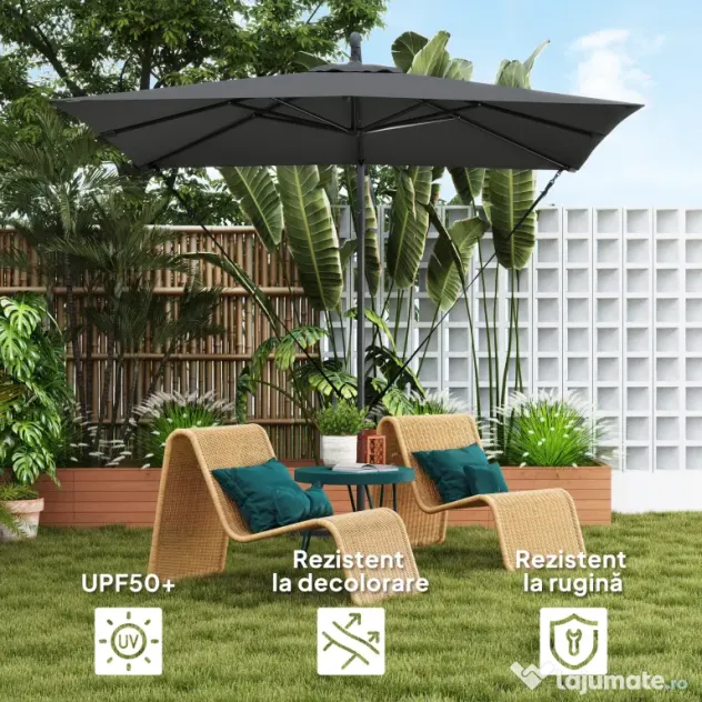 Outsunny Umbrelă de Grădină Suspendată 2.47x2.47 m, Umbrelă de Exterior cu Bază în Cruce, Corzi Antivânt, Gri Închis | Aosom Romania