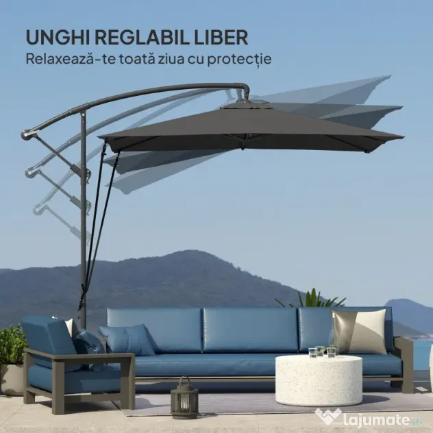 Outsunny Umbrelă de Grădină Suspendată 2.47x2.47 m, Umbrelă de Exterior cu Bază în Cruce, Corzi Antivânt, Gri Închis | Aosom Romania