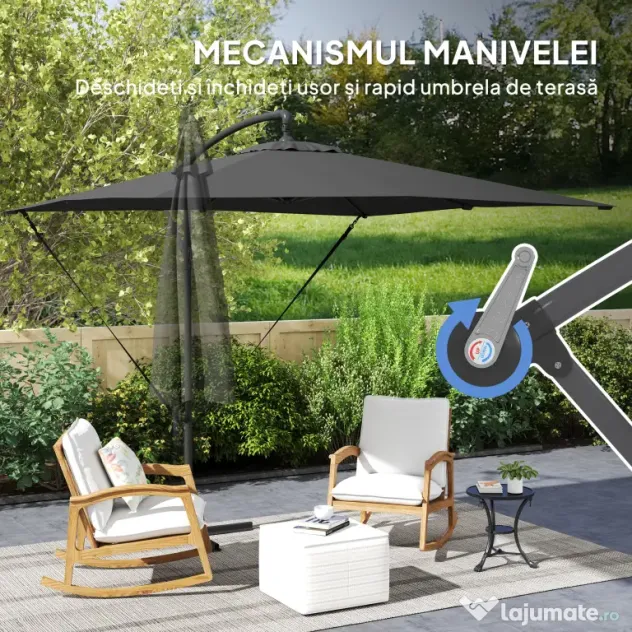 Outsunny Umbrelă de Grădină Suspendată 2.47x2.47 m, Umbrelă de Exterior cu Bază în Cruce, Corzi Antivânt, Gri Închis | Aosom Romania