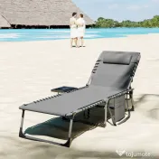 Outsunny Șezlong de Grădină Pliabil și Reglabil în 5 Poziții cu Măsuță Laterală, 60x190x31 cm, Gri | Aosom Romania 