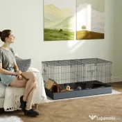 PawHut Cușcă 2 în 1 pentru Iepuri cu Acoperiș Detașabil, 2 Zone Separate și Podea Impermeabilă, 121x61x61 cm, Negru | Aosom Romania 