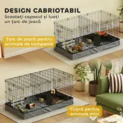 PawHut Cușcă 2 în 1 pentru Iepuri cu Acoperiș Detașabil, 2 Zone Separate și Podea Impermeabilă, 121x61x61 cm, Negru | Aosom Romania 