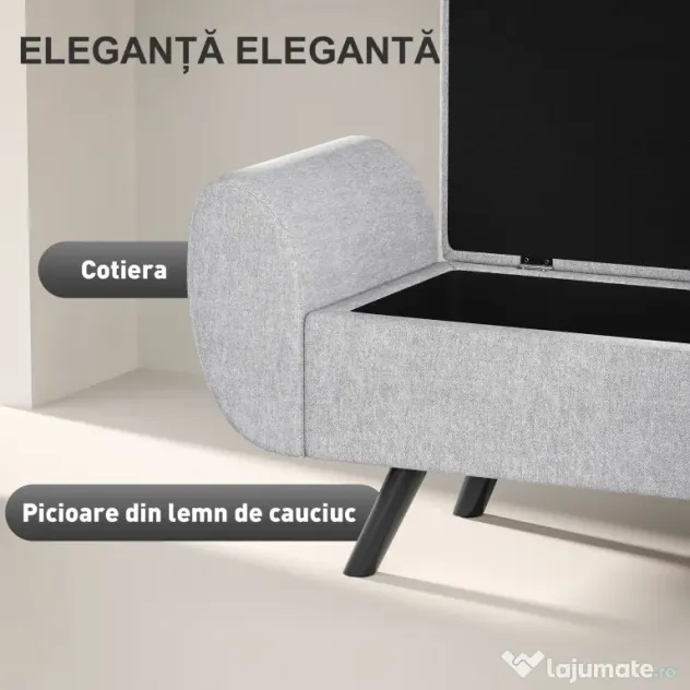 HOMCOM Bancă cu Spațiu de Depozitare cu Cotiere din Țesătură și Lemn 132x42x50 cm Gri | Aosom Romania