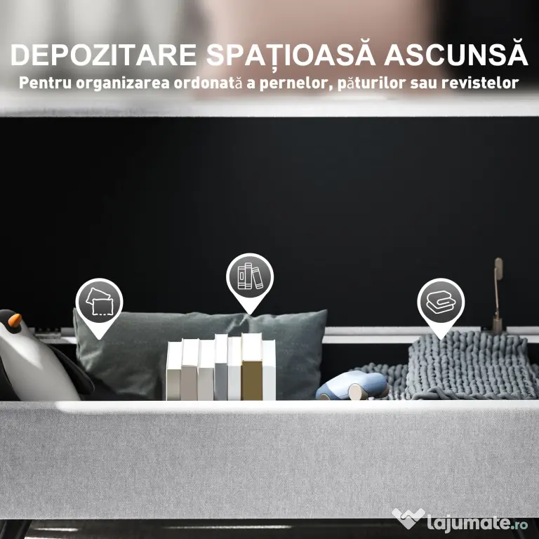 HOMCOM Bancă cu Spațiu de Depozitare cu Cotiere din Țesătură și Lemn 132x42x50 cm Gri | Aosom Romania