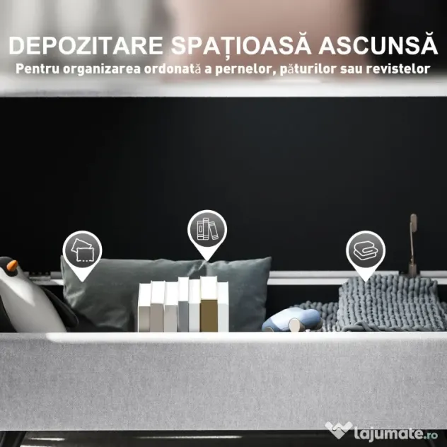 HOMCOM Bancă cu Spațiu de Depozitare cu Cotiere din Țesătură și Lemn 132x42x50 cm Gri | Aosom Romania