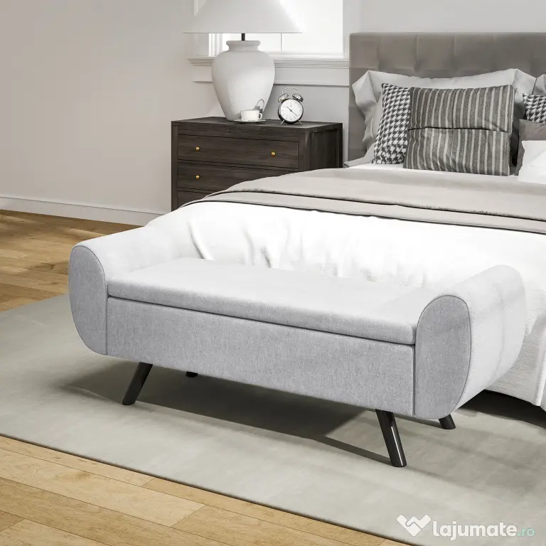 HOMCOM Bancă cu Spațiu de Depozitare cu Cotiere din Țesătură și Lemn 132x42x50 cm Gri | Aosom Romania
