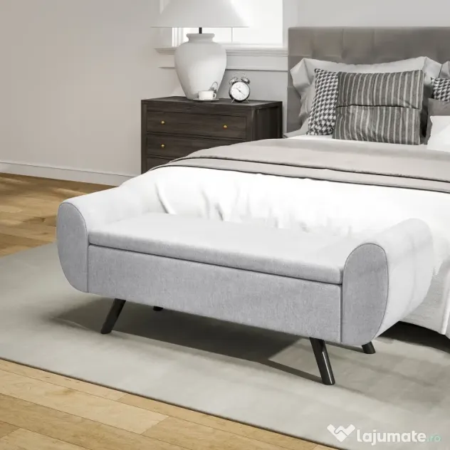 HOMCOM Bancă cu Spațiu de Depozitare cu Cotiere din Țesătură și Lemn 132x42x50 cm Gri | Aosom Romania
