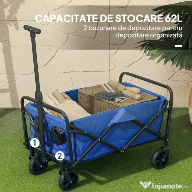 Outsunny Cărucior de Grădină Pliabil 62L cu Mâner Reglabil, din Metal și Țesătură Oxford, 76x48x86 cm, Albastru
