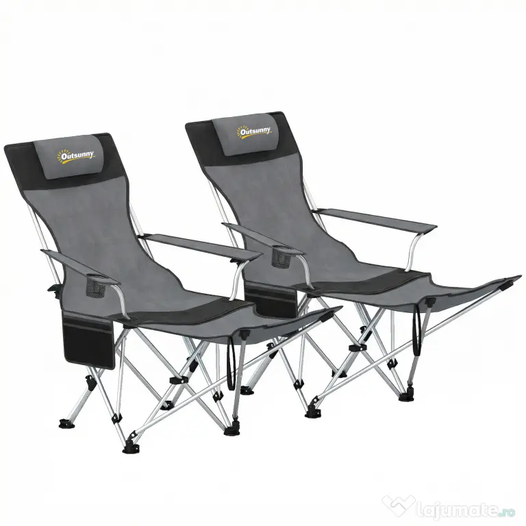 Outsunny Set de 2 Scaune de Camping Pliabile cu Suport pentru Picioare Detașabil, 82x100x88 cm, Negru | Aosom Romania